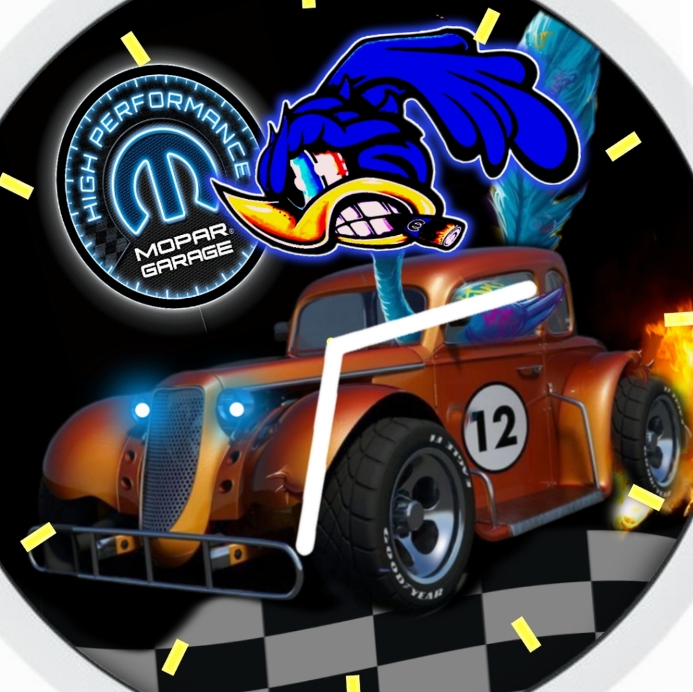 Mopar Garage Hot Rod Wall Clock - Orange Race Car Design Angry Bird Racer Beepx2